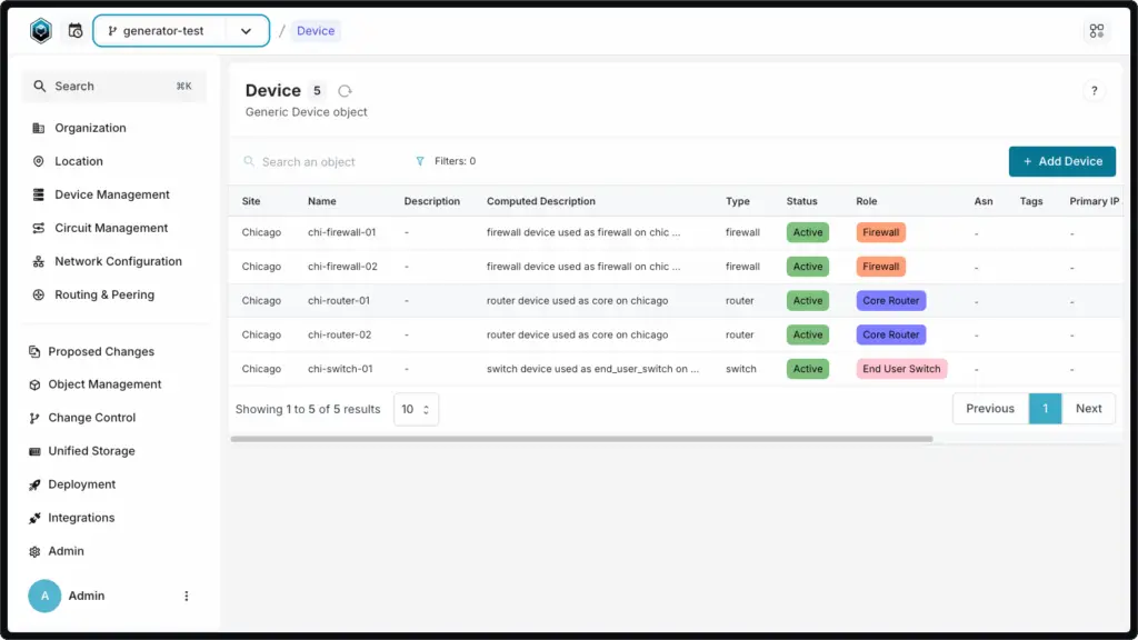 Infrahub screenshot: devices from Generator