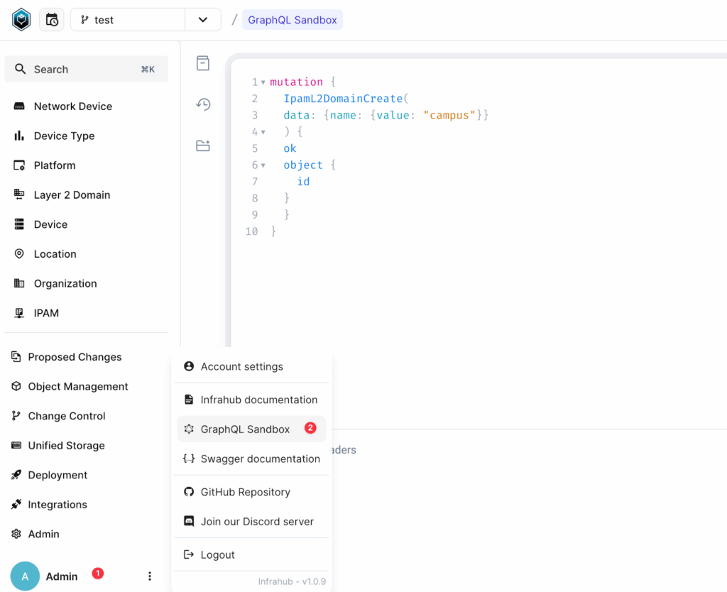 Infrahub GraphQl sandbox