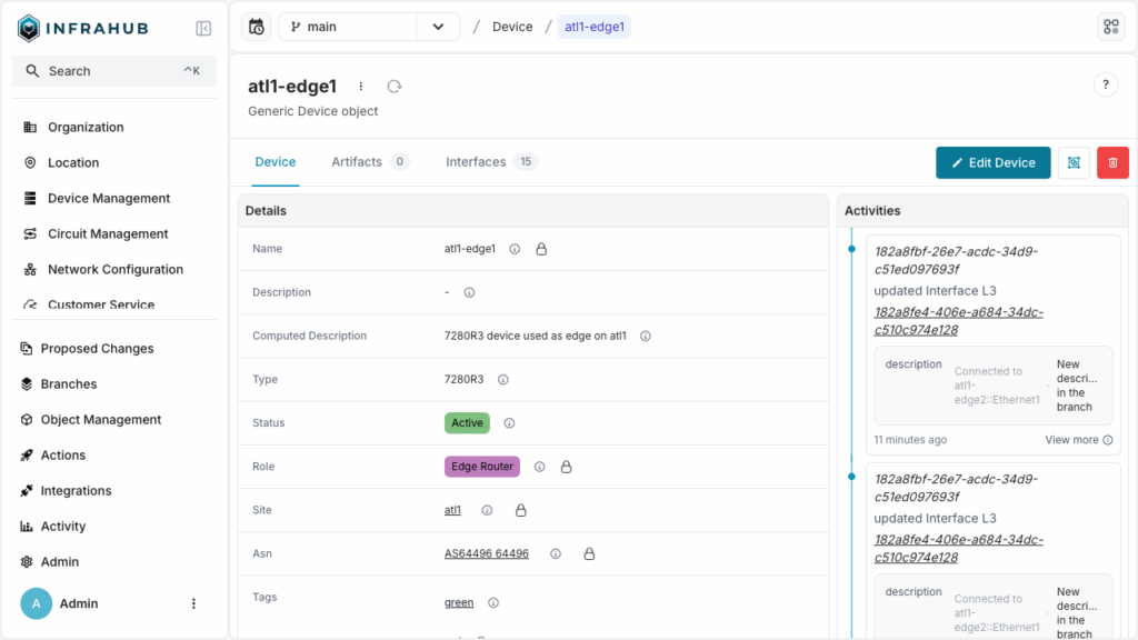 object activity log Infrahub