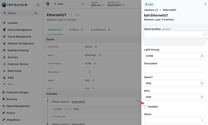 enable interface in infrahub