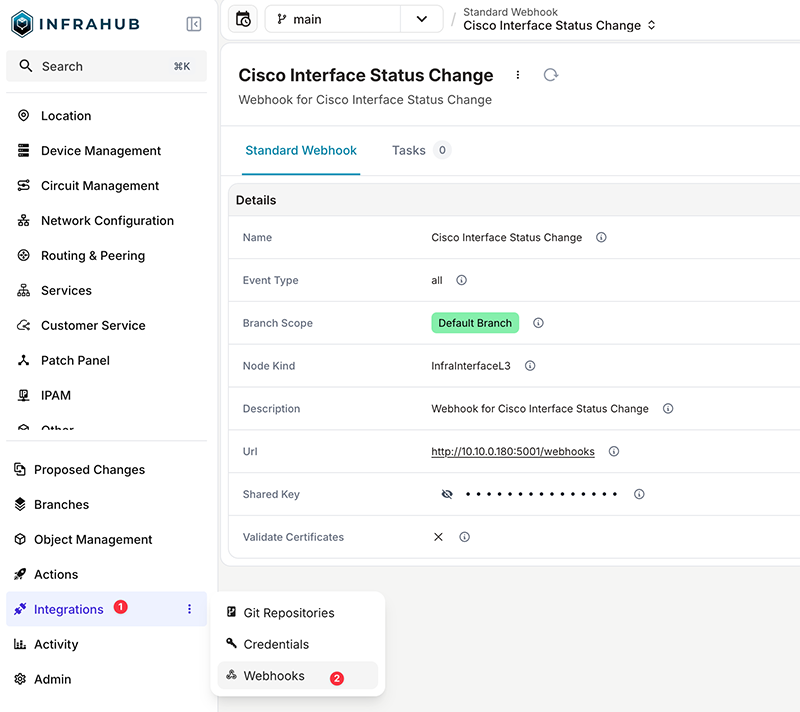 webhook configured in Infrahub for event-driven automation example