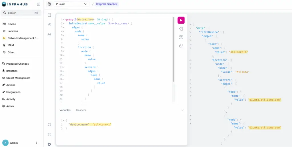 pytest GraphQL sandbox in Infrahub screenshot