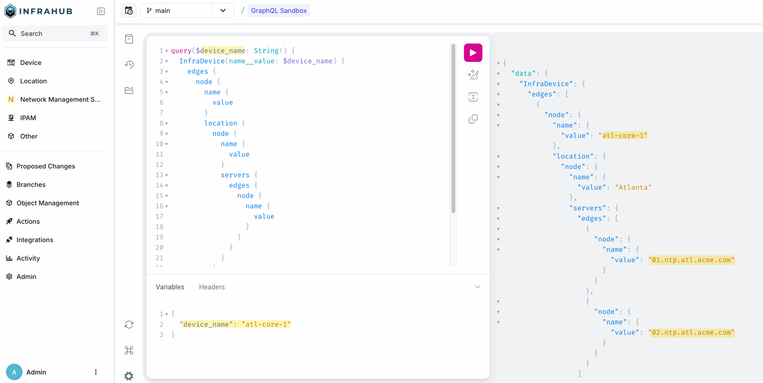 pytest GraphQL sandbox in Infrahub screenshot