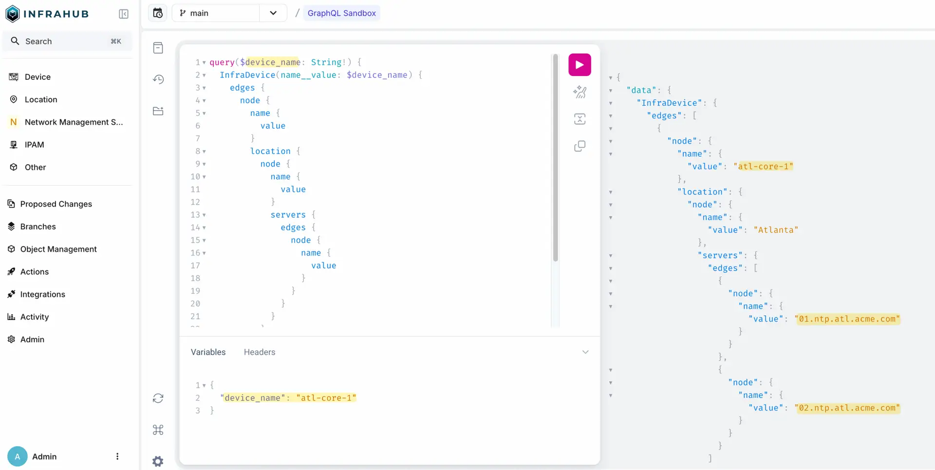 pytest GraphQL sandbox in Infrahub screenshot