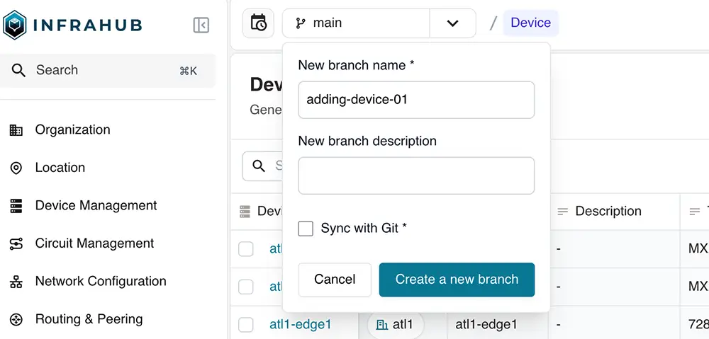 creating a new branch in Infrahub