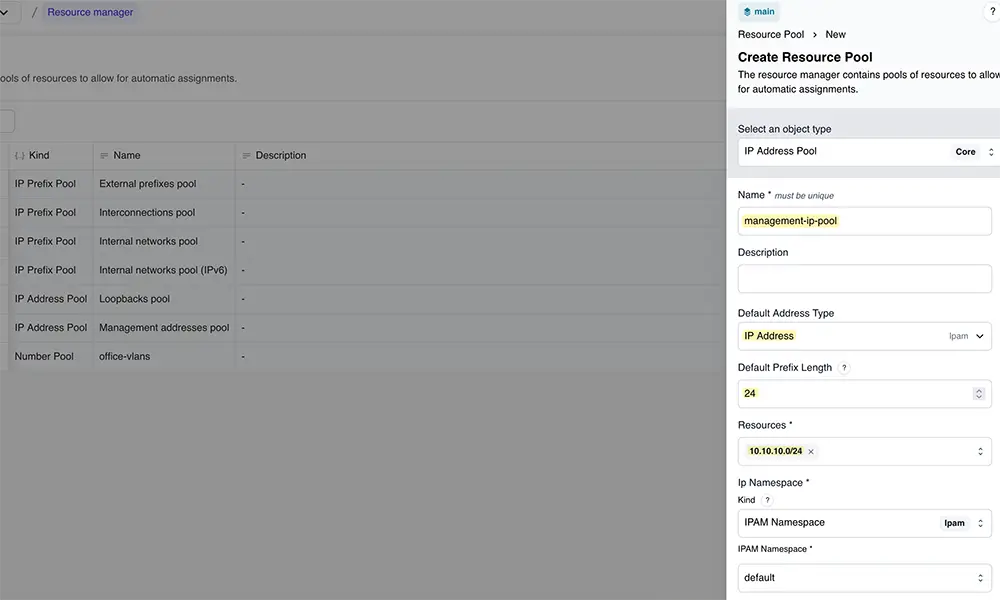 creating a resource pool in Infrahub Resource Manager