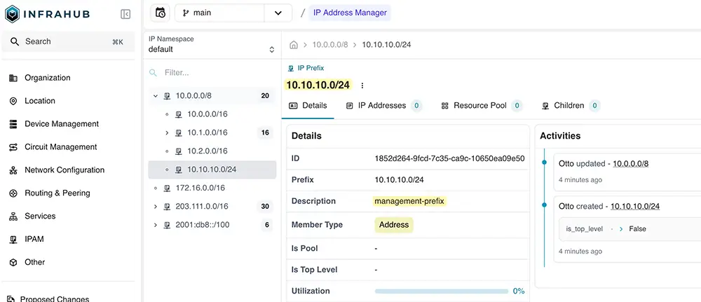 Infrahub Resource Manager showing IP prefixes created