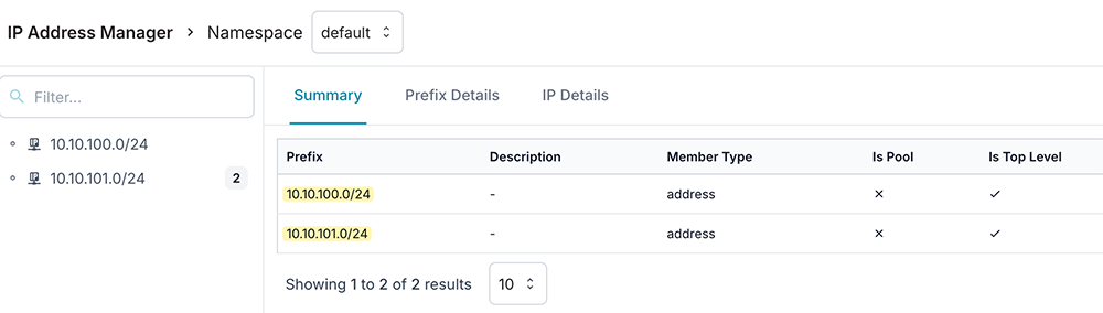 showing ip prefixes created in Infrahub Resource Manager
