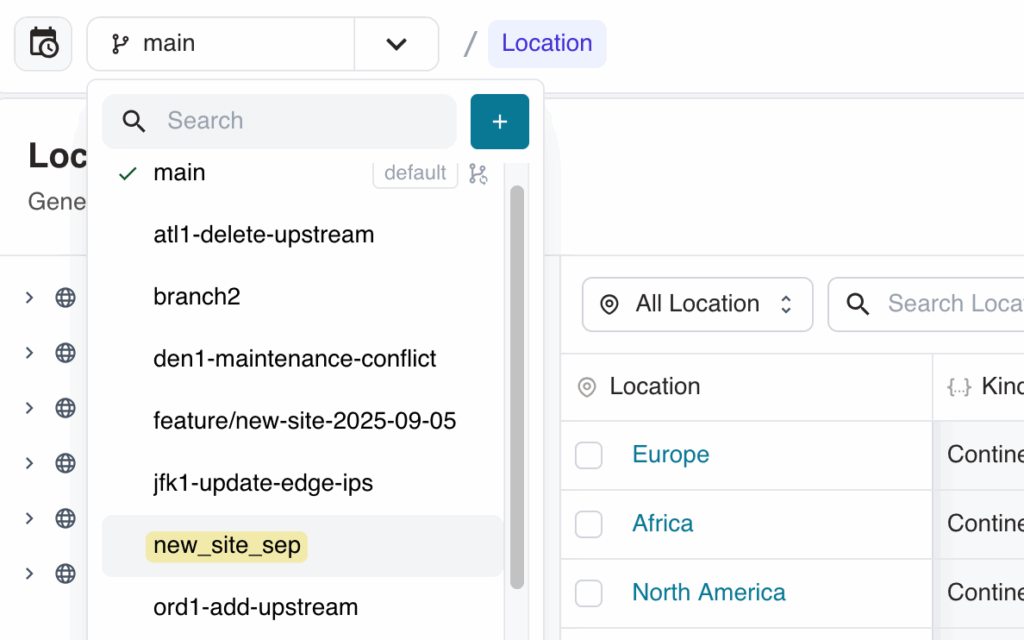 Infrahub screenshot: branch created from Cursor