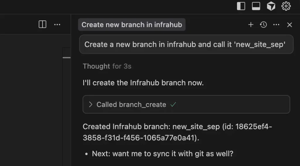 ask cursor to create a branch using infrahub mcp server