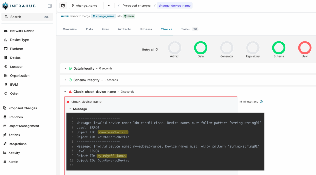 check failure message in Infrahub change management workflow