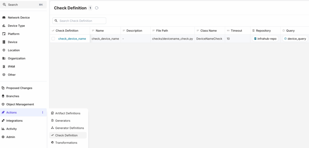 building check definitions in Infrahub change management workflow