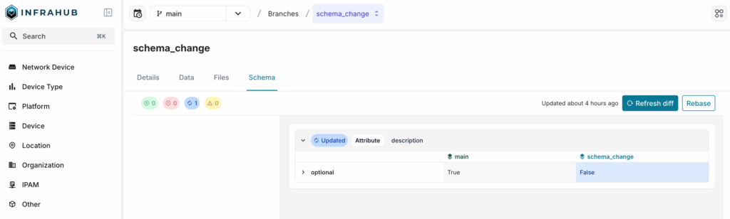 viewing schema diff in Infrahub change management workflow
