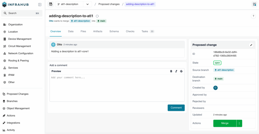 merge a proposed change in infrahub