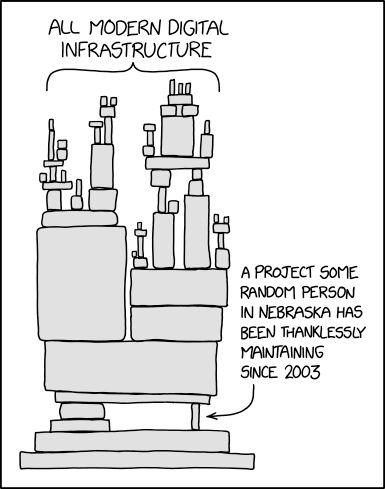 xkcd comic: precarious structure relying on open source brick