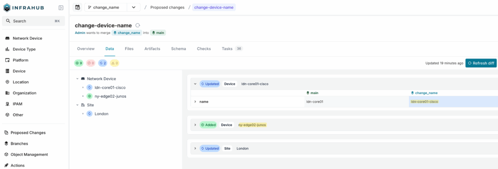 viewing changed data in infrahub change management workflow