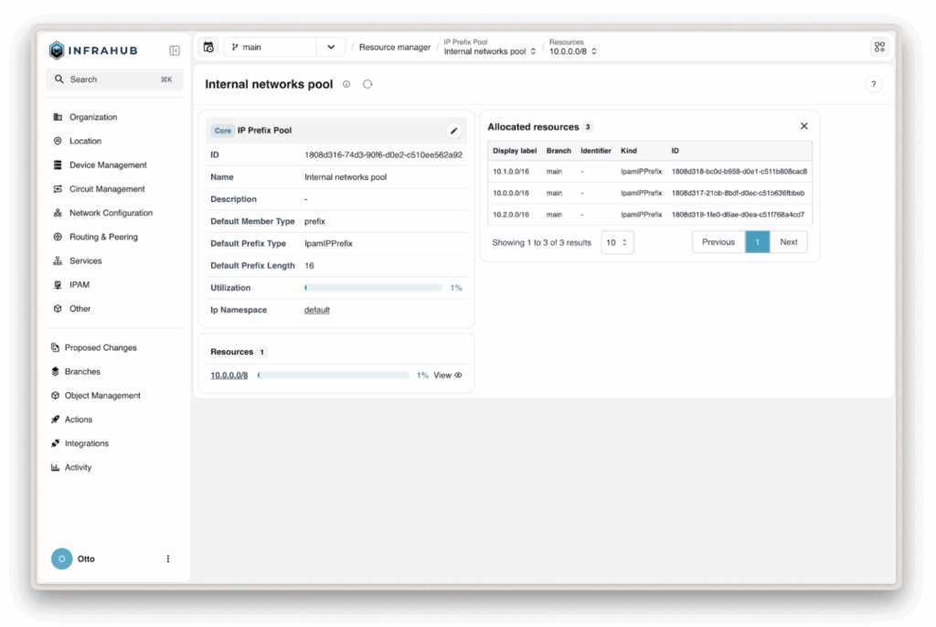 Infrahub IP prefix pool screen