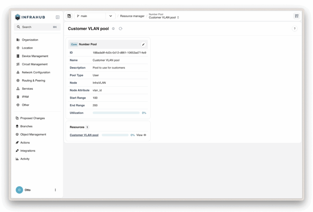 Infrahub number pools screen showing VLANs