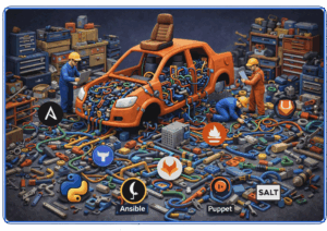 mechanics struggling to build a car in a shop overflowing with tools