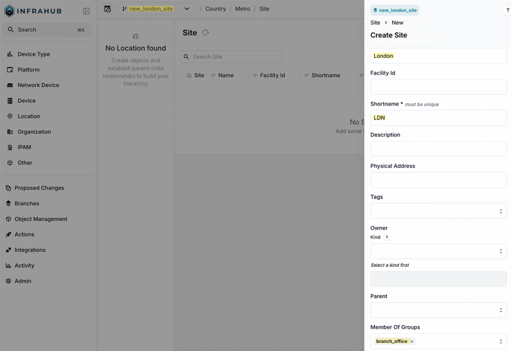 creating a new site in the infrahub generator workflow
