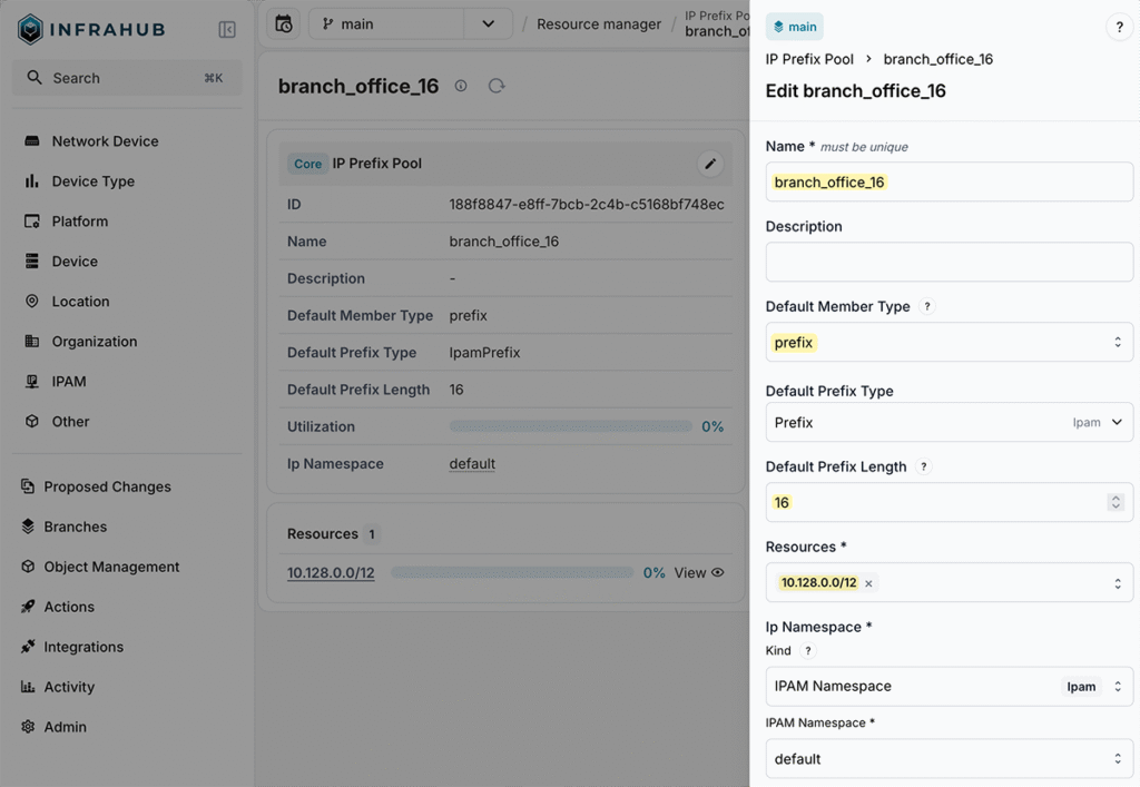 main prefix pool created in infrahub generator workflow