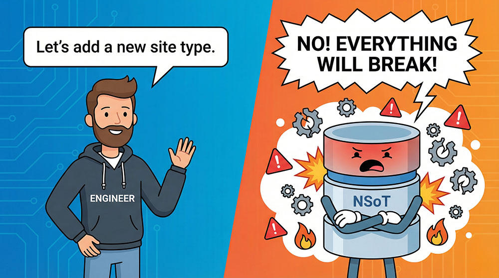 Engineer making a simple change request, angry NSoT with arms crossed says NO