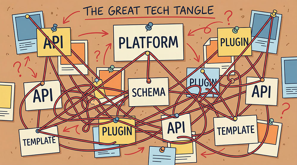 bulletin board with notes for platform, schema, APIs, plugins, all connected by a snarl of red thread