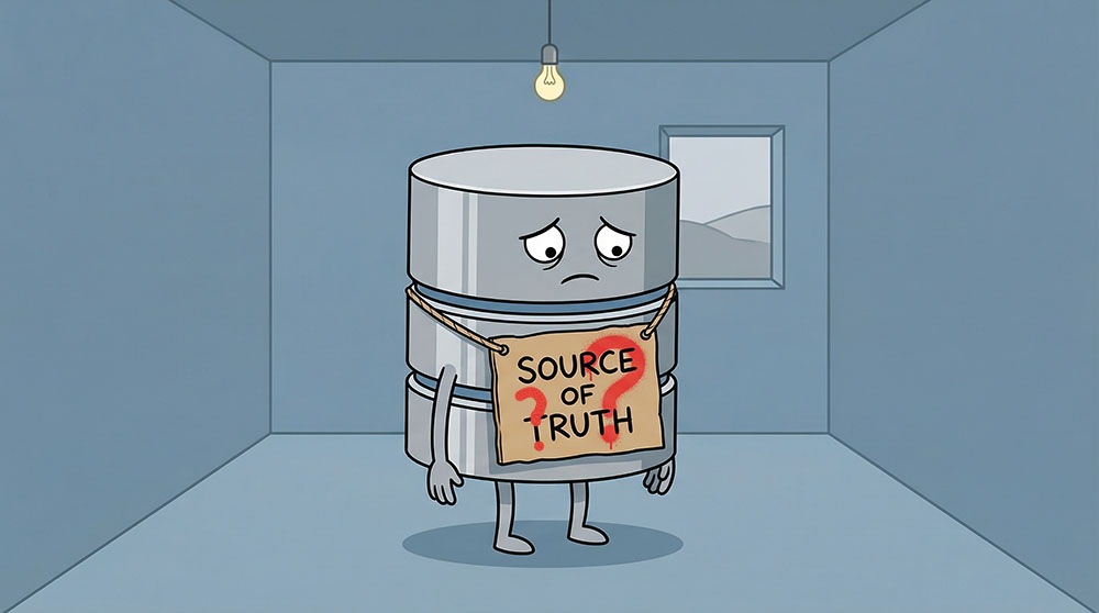 sad database character wearing source of truth sign with question marks spray painted across it