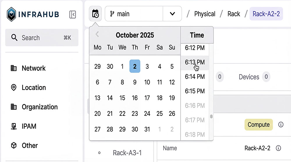 temporal graph enables time travel time picker in Infrahub